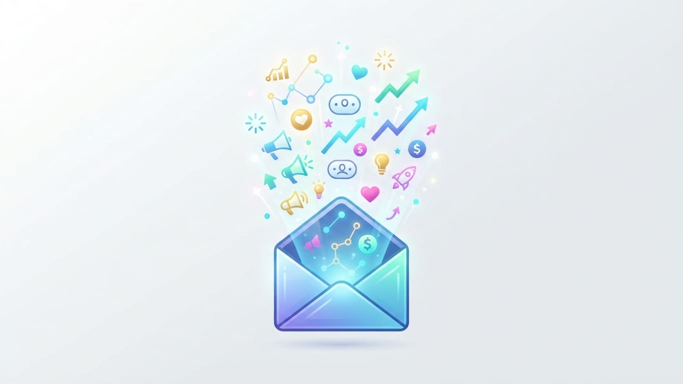 Digital envelope with glowing metrics and marketing icons
