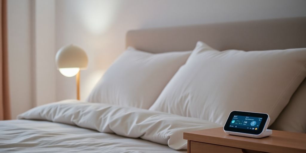 Cozy bedroom with high-tech sleep tracker and soft lighting.
