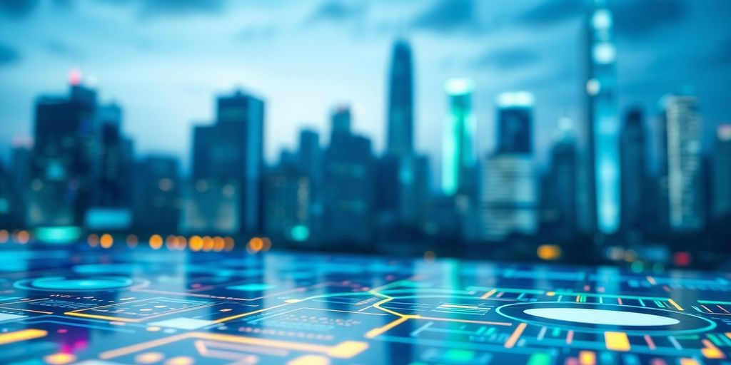 Futuristic AI interface with vibrant colors. Futuristic AI interface with vibrant colors and skyline.