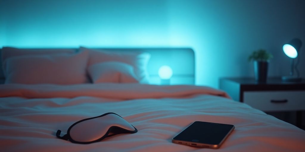 Cozy bedroom with soft lighting and sleep essentials.