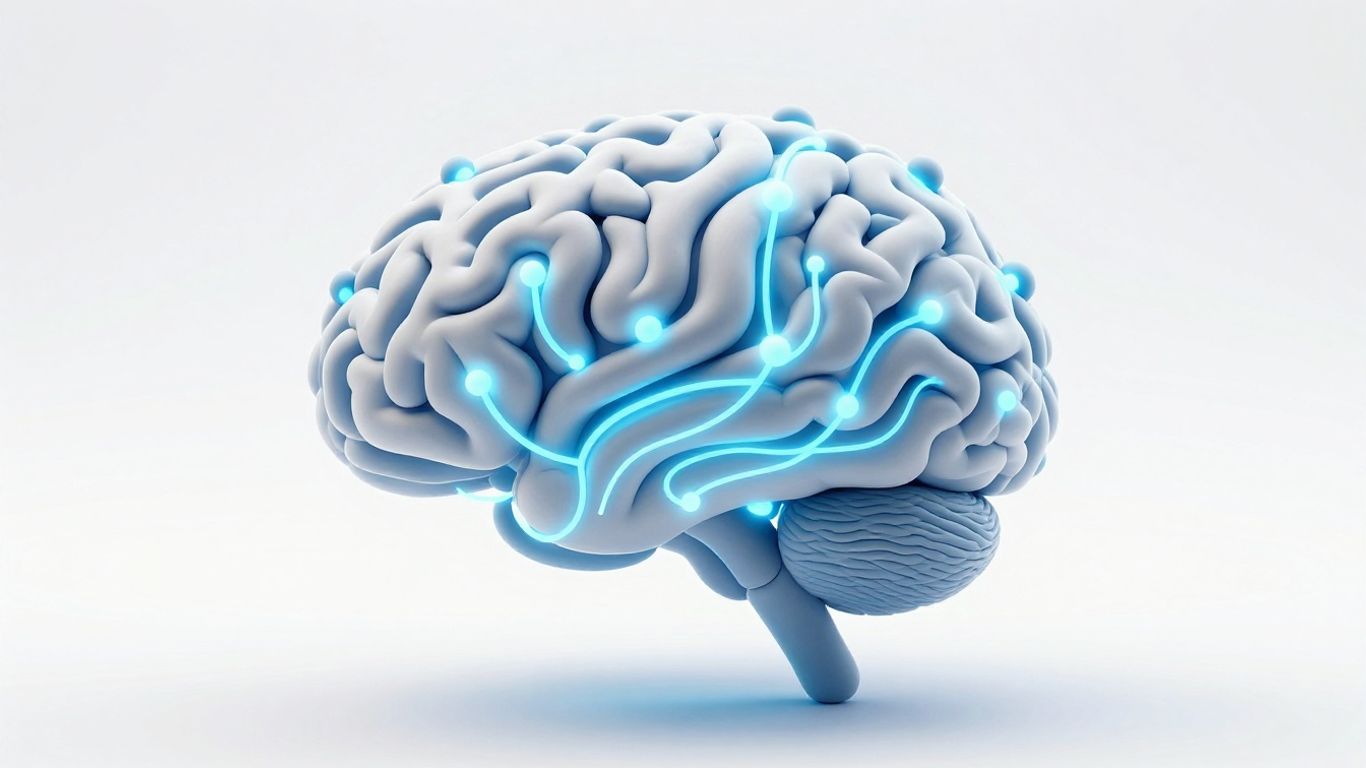 Abstract AI brain with glowing nodes and light trails.