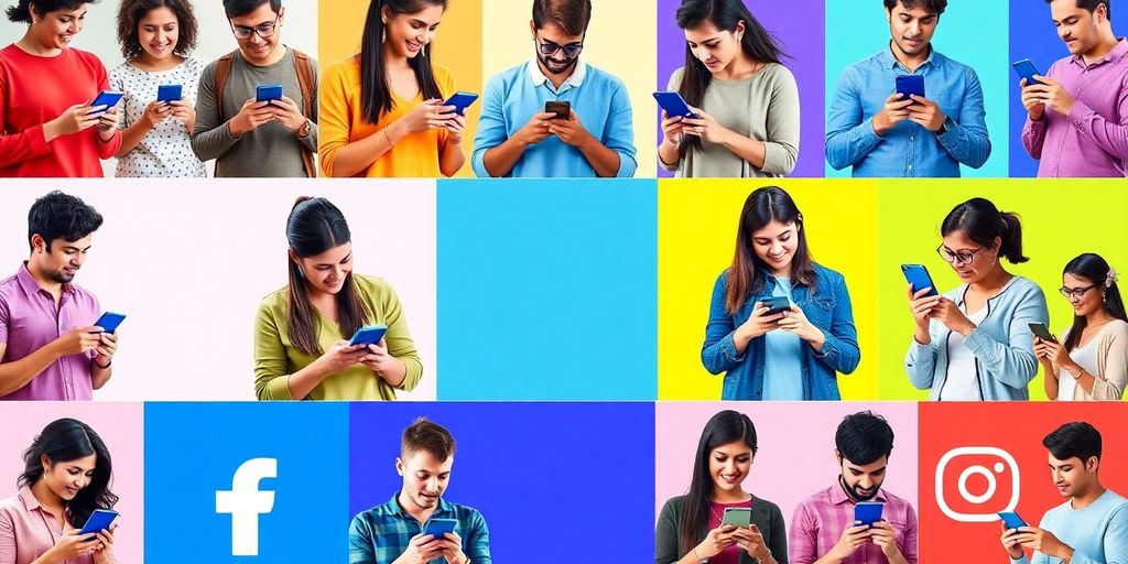 Diverse people using smartphones. Diverse people using smartphones with social media elements.