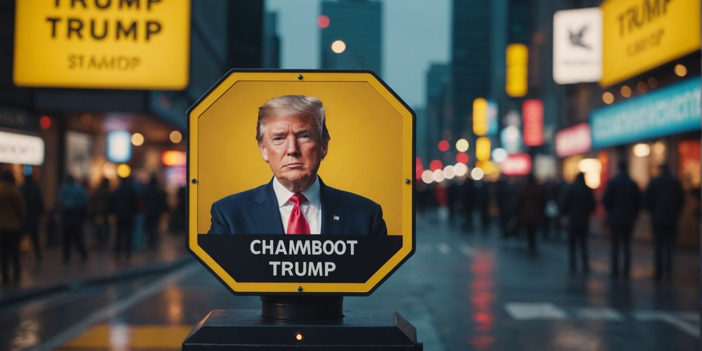 AI chatbot warning sign with Trump image in background