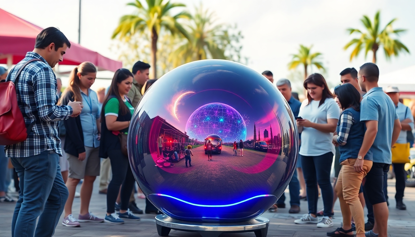 Futuristic device with diverse people in vibrant setting.