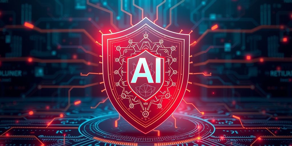 Digital shield with AI elements and cyber threats