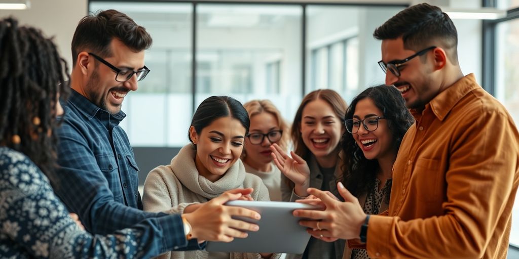 Diverse users interacting with technology in a bright workspace.