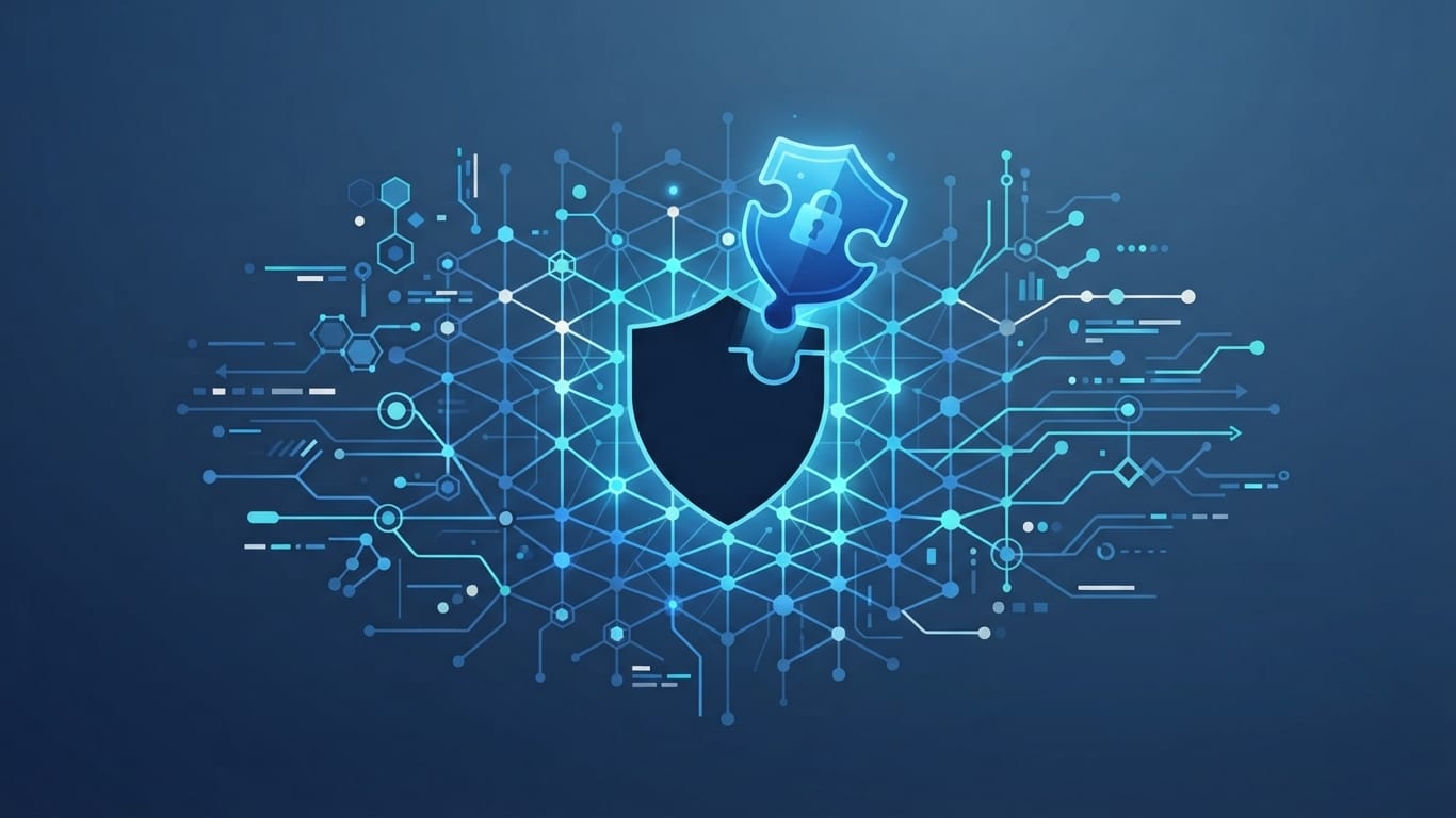Minimalist graphic showing security shield in a digital network