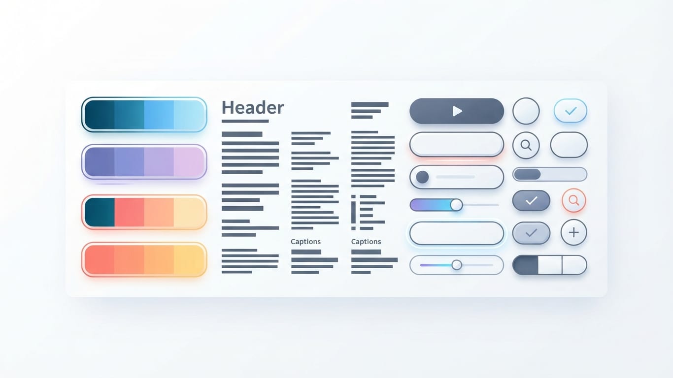 Color palettes and interactive elements representing UI design