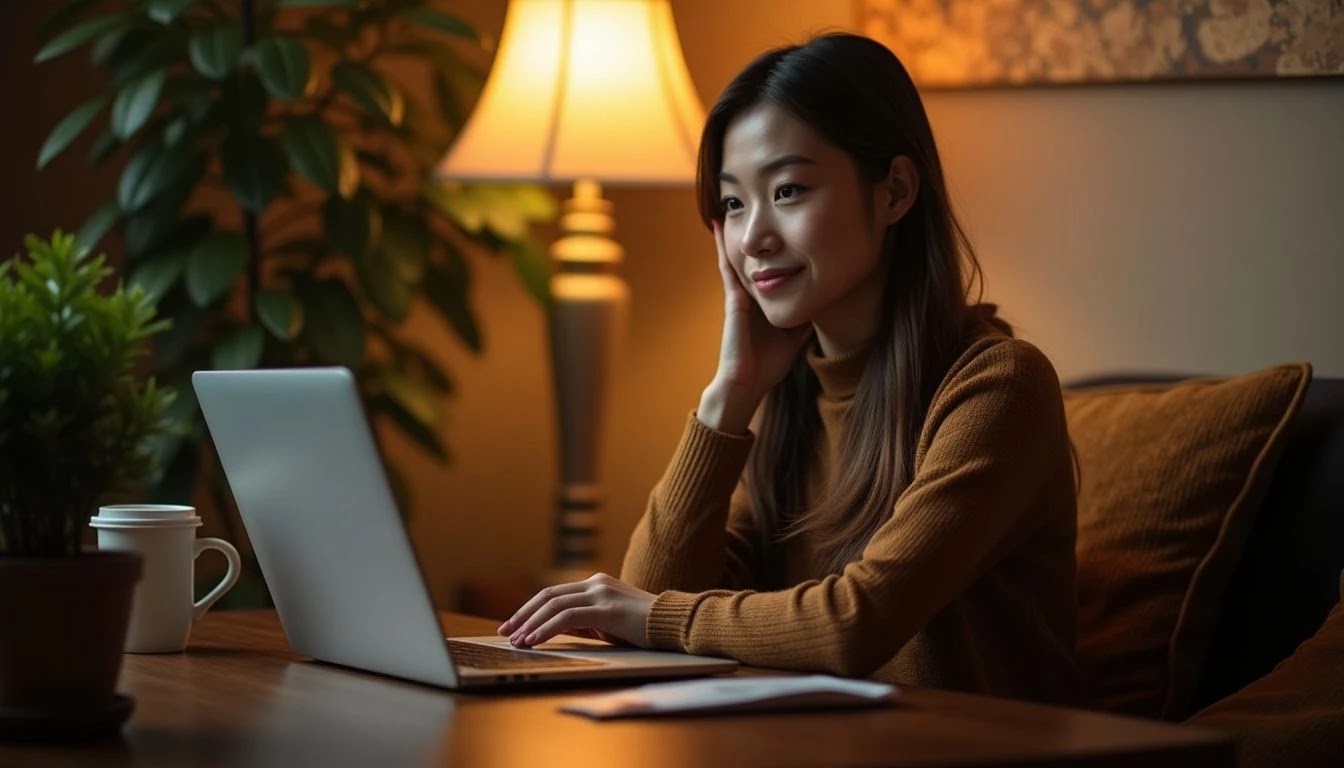 Girl chat with AI on laptop. Talking to chatgpt, person engaging in a friendly chat with AI on laptop.
