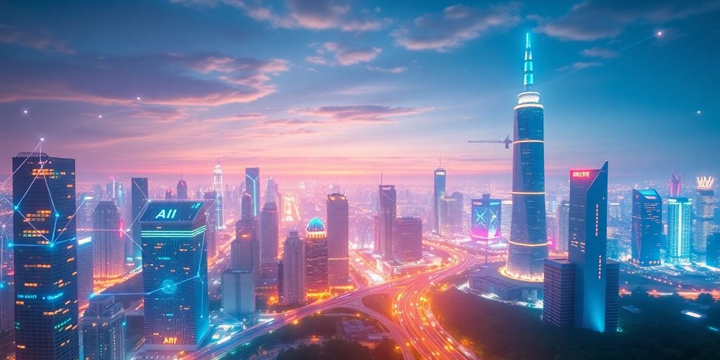 Futuristic cityscape with digital elements and neon lights.