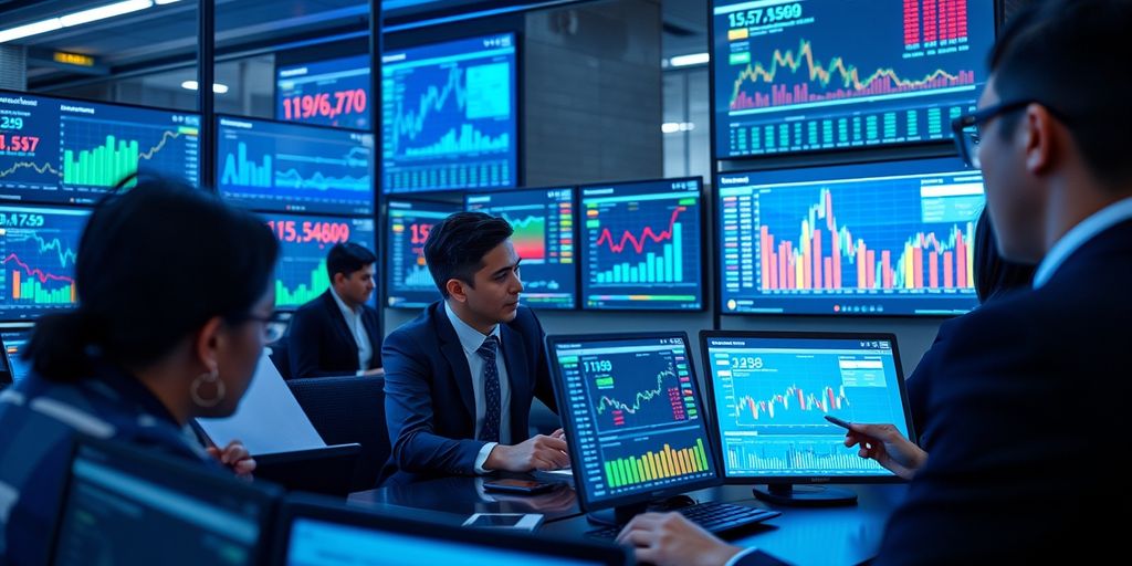 Diverse professionals analyzing financial data with AI technology.