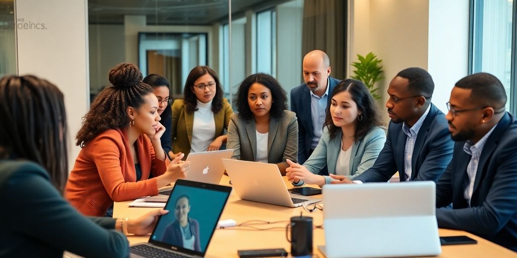 Diverse professionals on AI training in a workshop.
