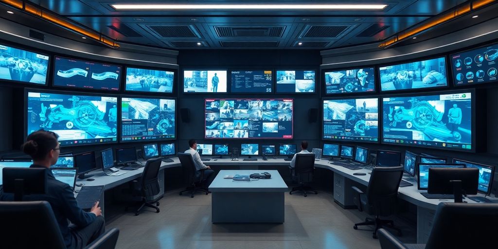 Futuristic security control room. Futuristic security control room with advanced AI interfaces.