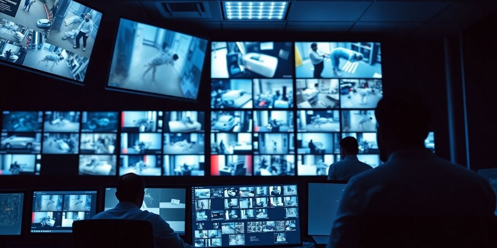 Modern security control room with monitors and personnel.