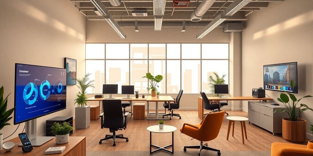 Modern workspace with AI gadgets and ergonomic furniture.