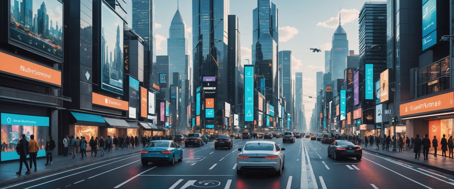 Futuristic city with AI robots and holograms