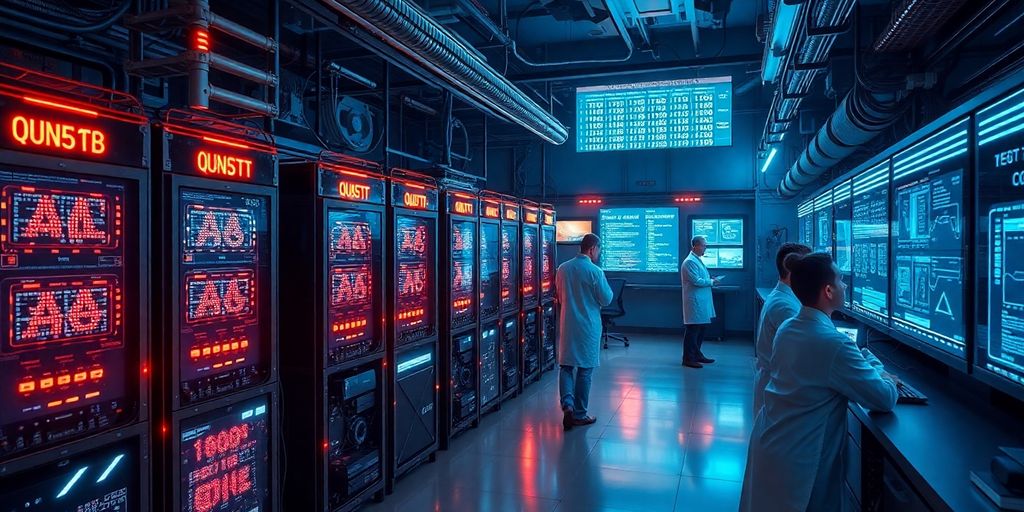 Futuristic lab with quantum computers. Futuristic lab with quantum computers and scientists at work.