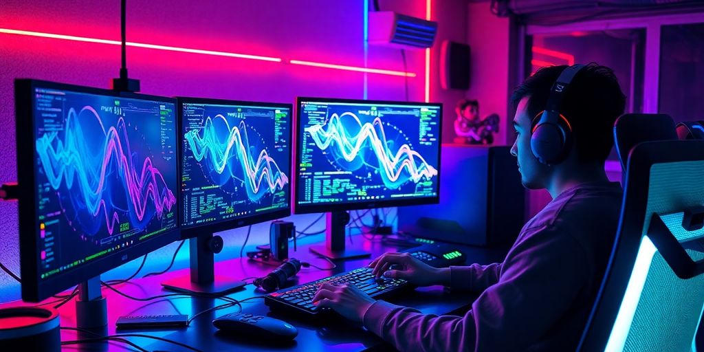 High-tech workspace with colorful LED-lit computer setup.