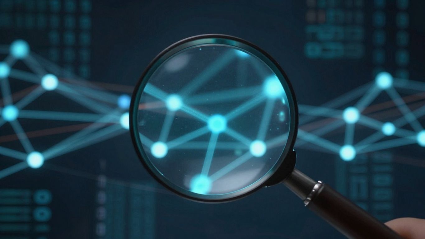 Magnifying glass over digital network