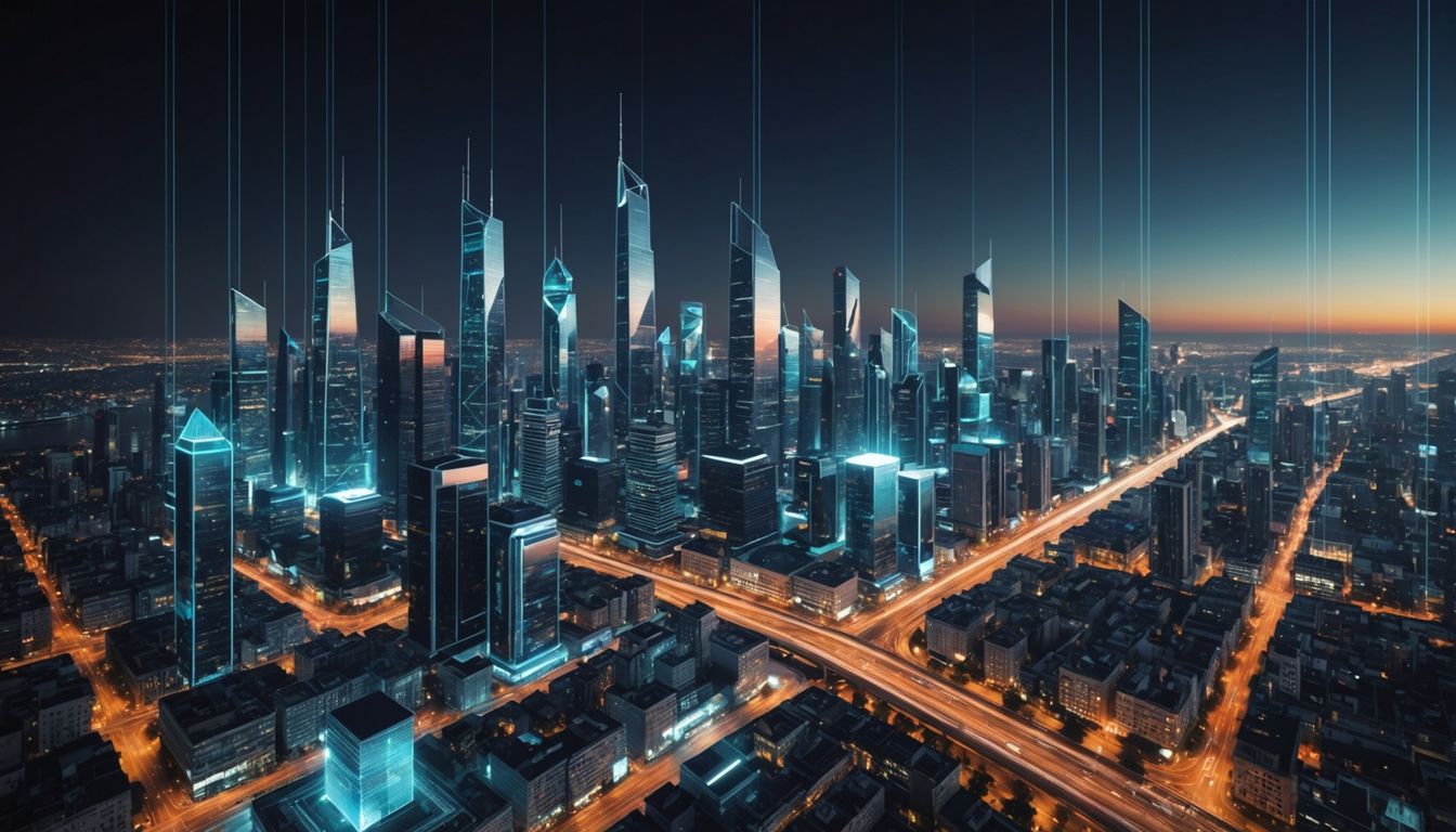 Futuristic cityscape with digital lines and holograms