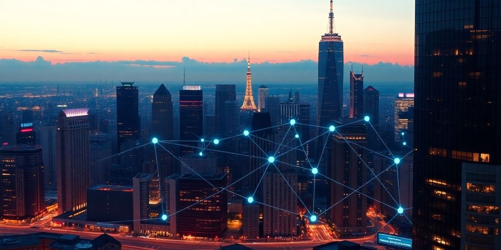 Futuristic city skyline with digital network overlay.