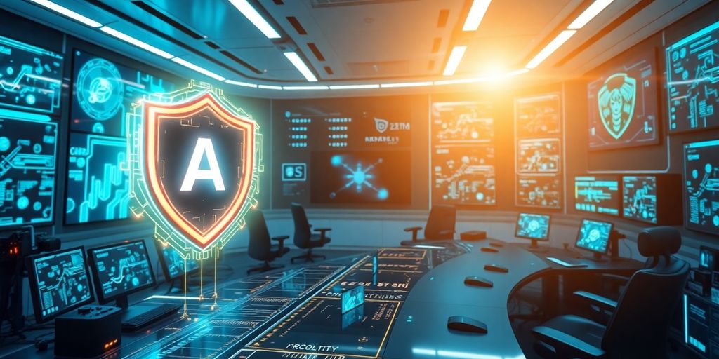 Futuristic security room with AI technology. Futuristic security room with AI technology and digital shield.