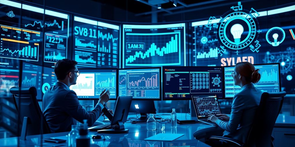 Professionals analyzing data with AI in a modern office.