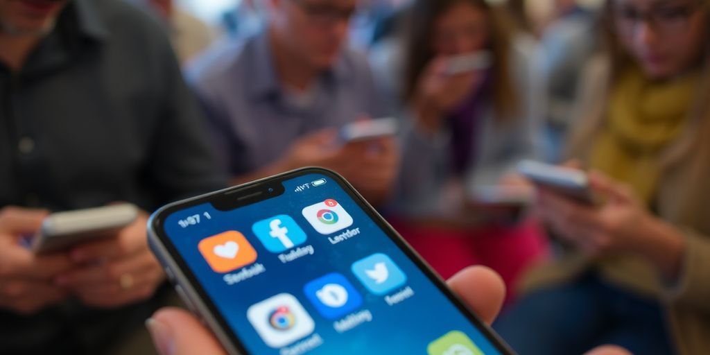 Smartphone with social media icons on a blurred background.