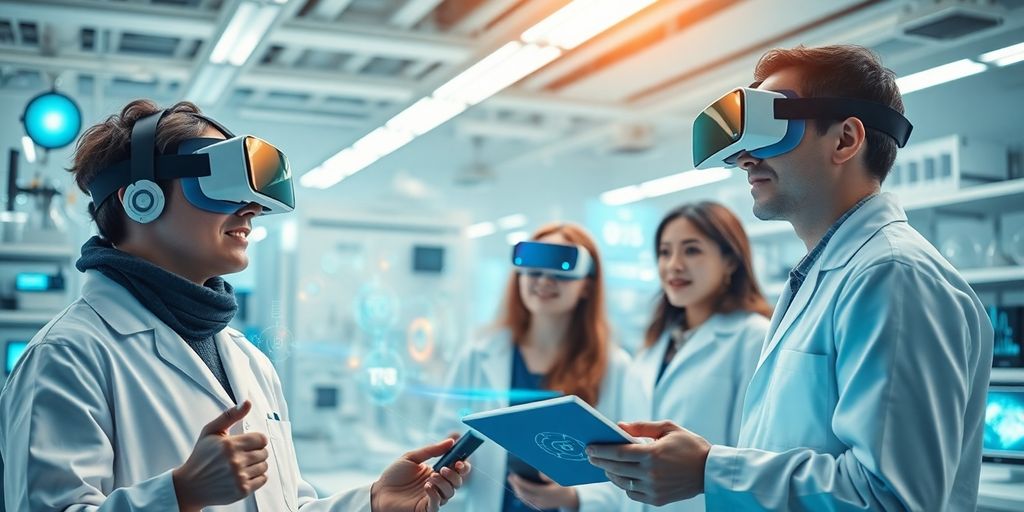 Futuristic lab with scientists using AI technology and VR.