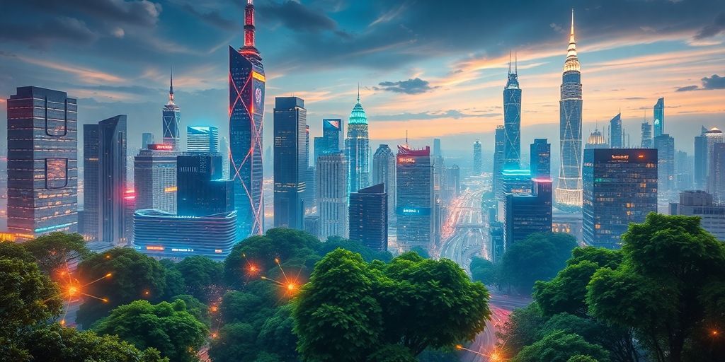 Cityscape with technology and nature integration. Futuristic cityscape with technology and nature integration.