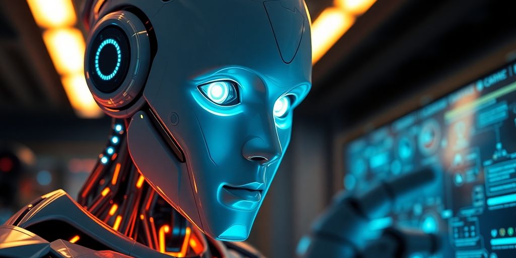AI robot in a high-tech environment. Futuristic AI robot in a high-tech environment.