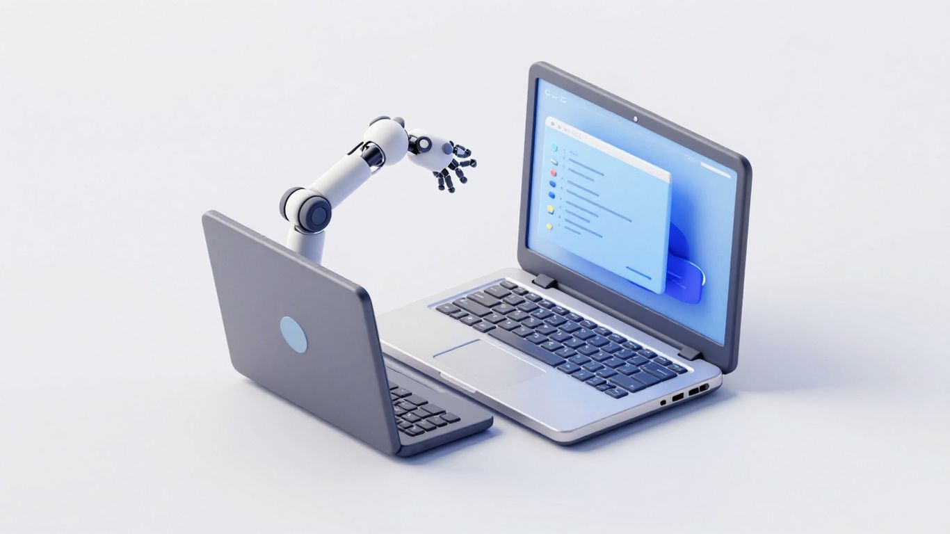 Robot coding on a futuristic laptop, AI workflow tool.