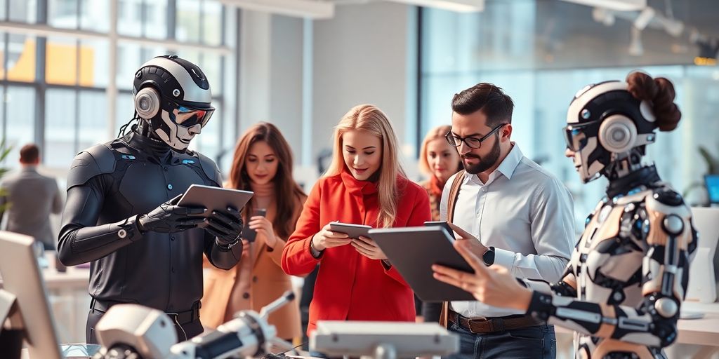 Diverse AI agents collaborating in a modern workspace.