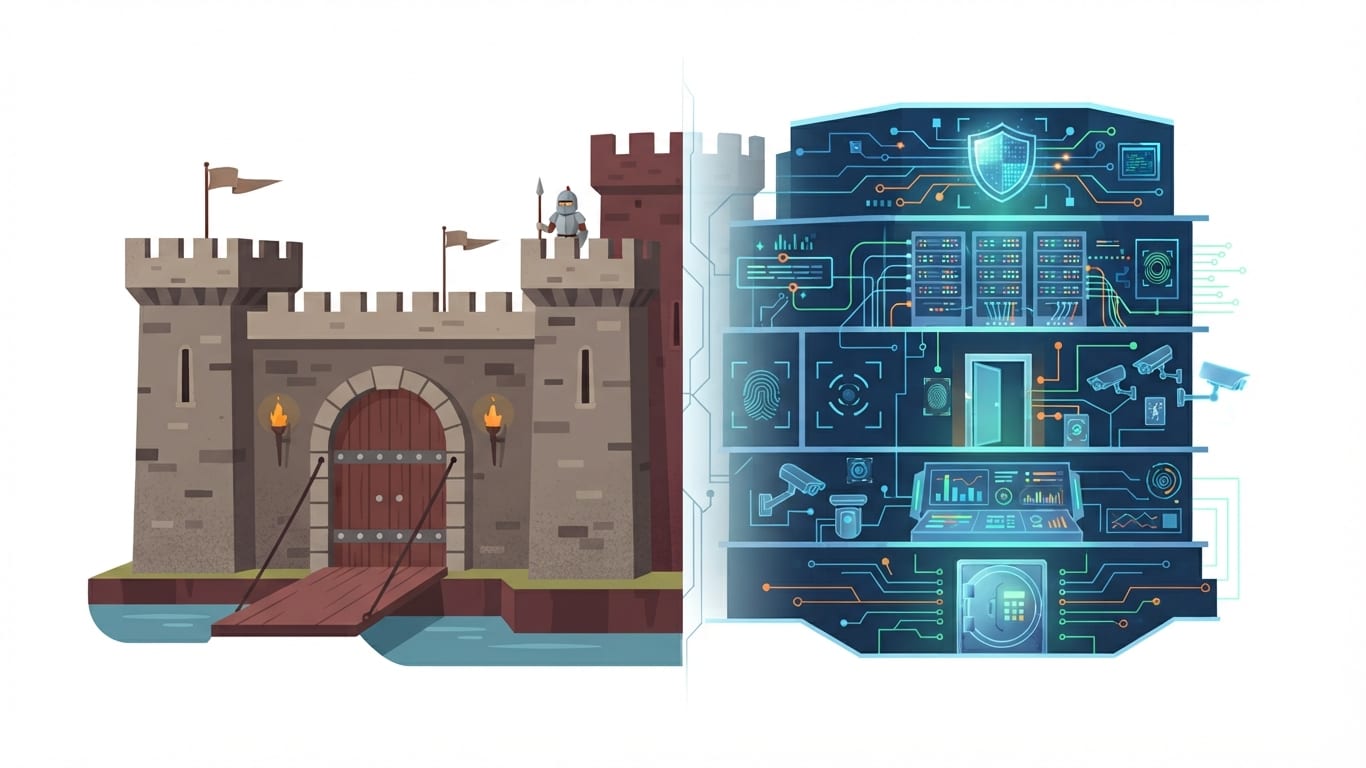 Comparison illustration of traditional castle moat security versus modern architecture
