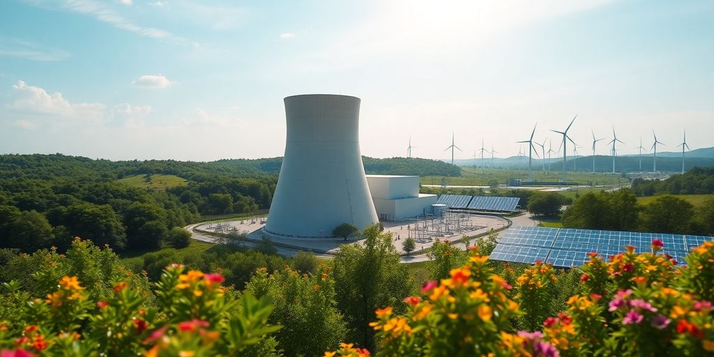 Nuclear power plant with greenery and AI technology elements.