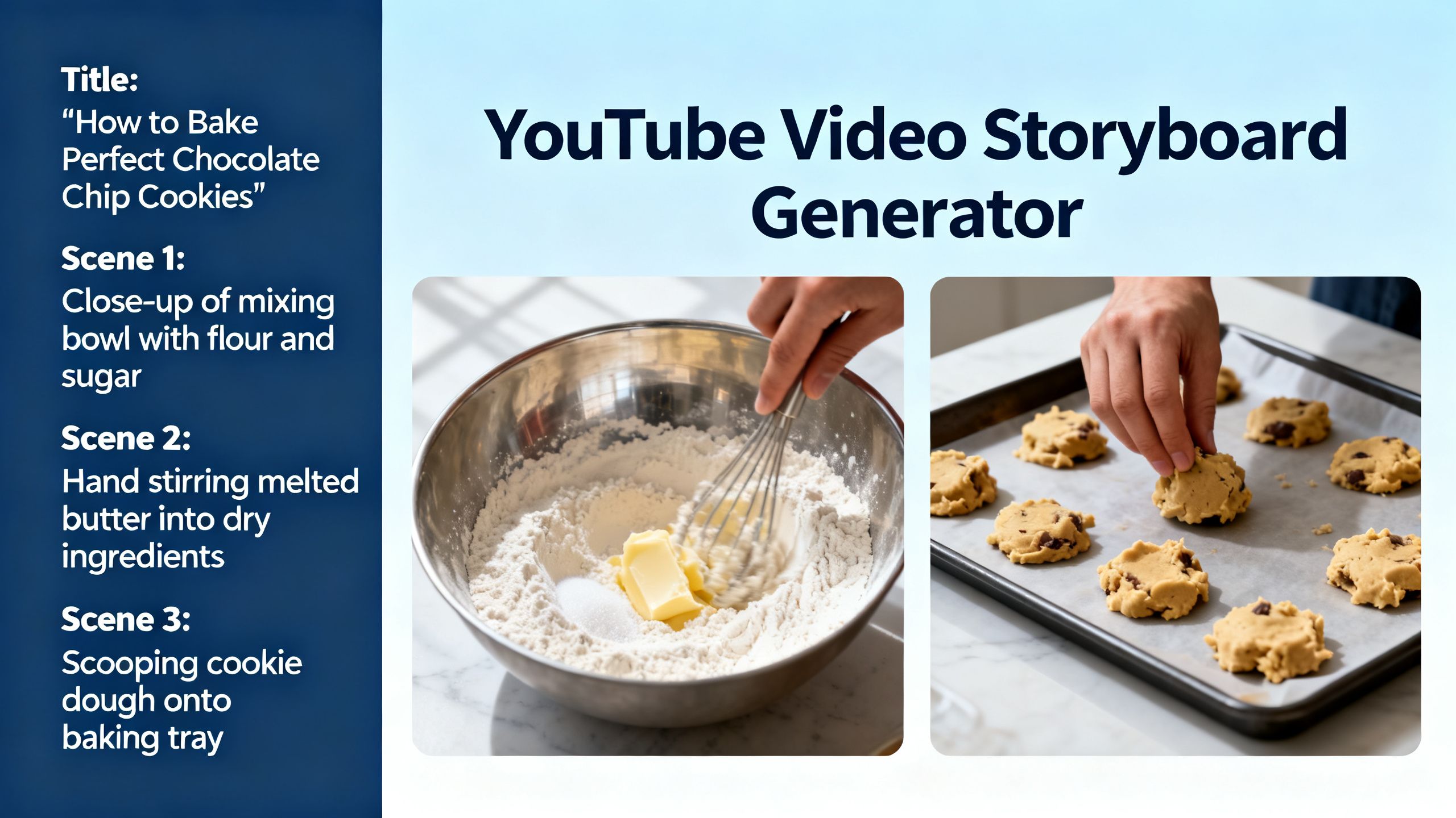 An AI interface showing a storyboard being generated for a YouTube video, with text prompts on one side and visual panels on the other.
