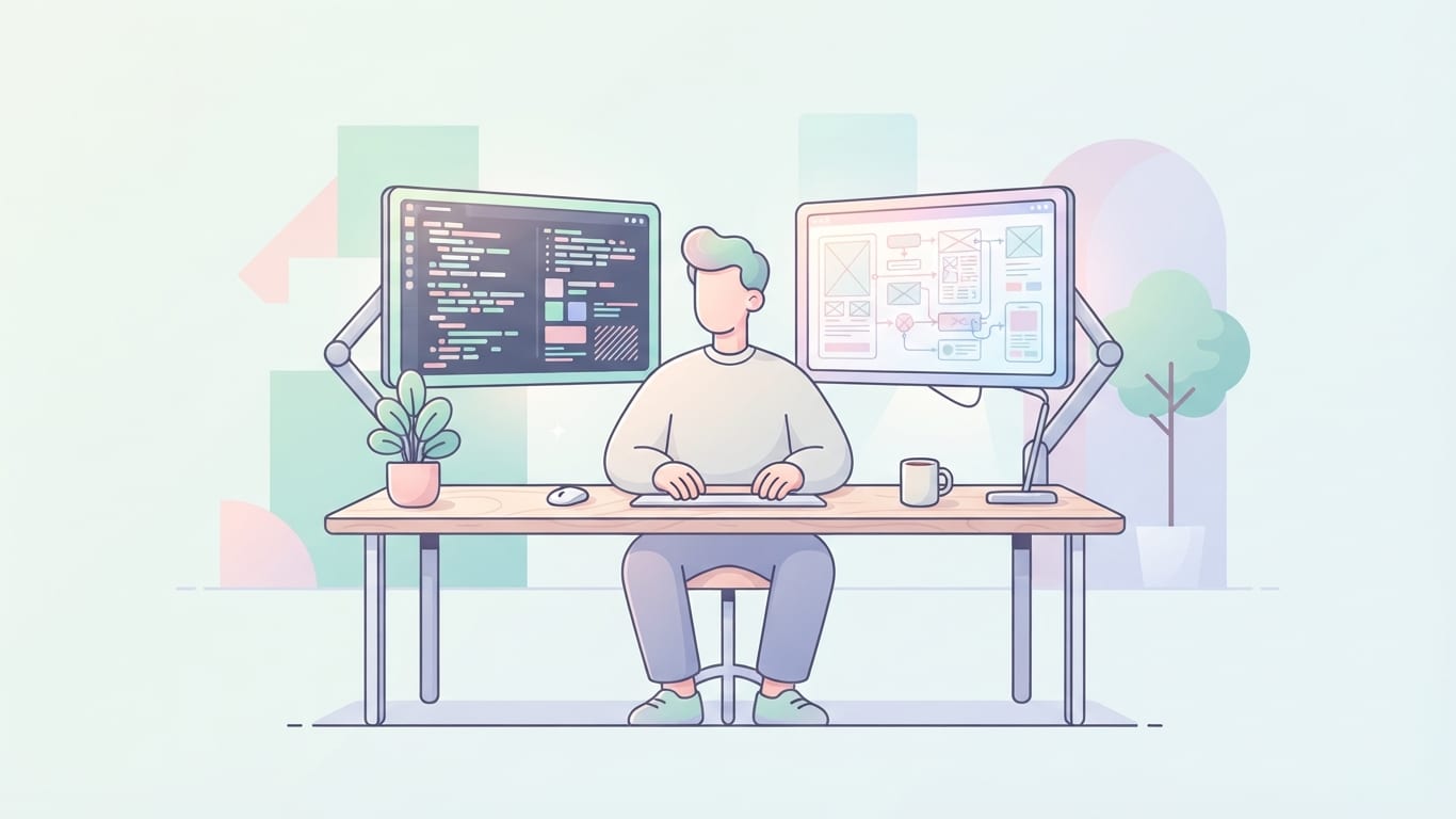 Person coding at a modern desk setup with dual monitors