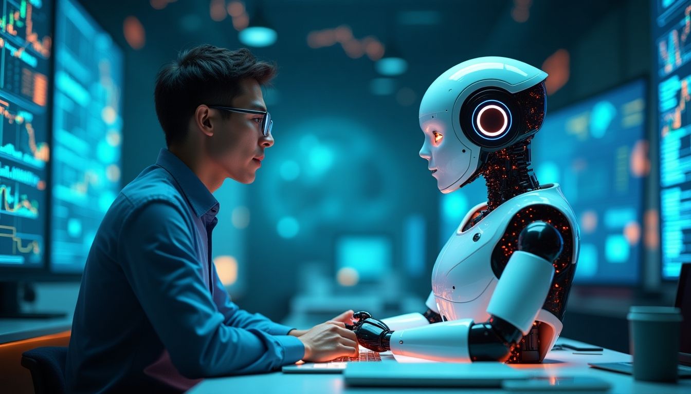 AI collaborating in a futuristic setting. Human and AI collaborating in a futuristic setting.