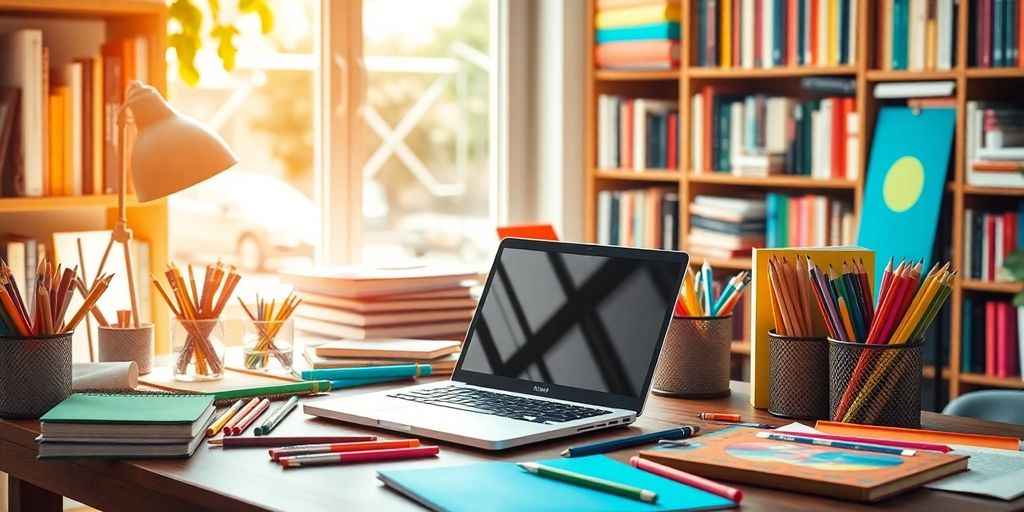 Creative workspace with laptop and colorful notebooks.