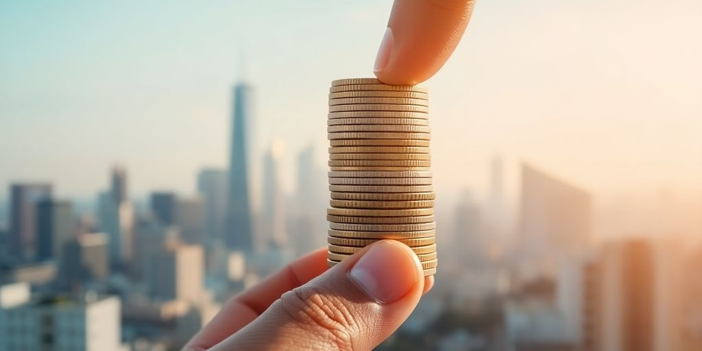 Coins in city skyline. Hand holding coins with city skyline in background.