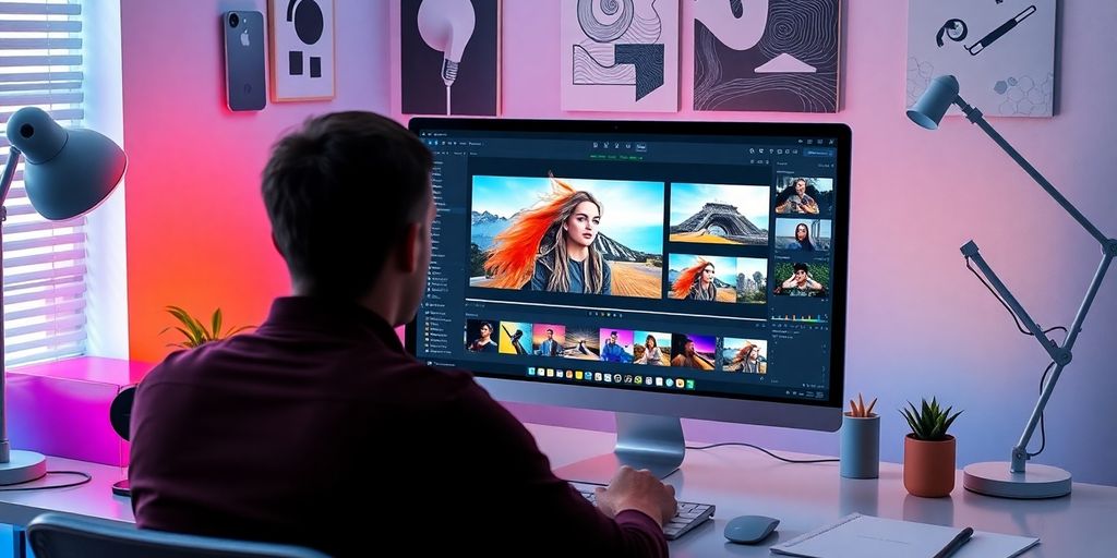User editing a photo with AI on a computer.