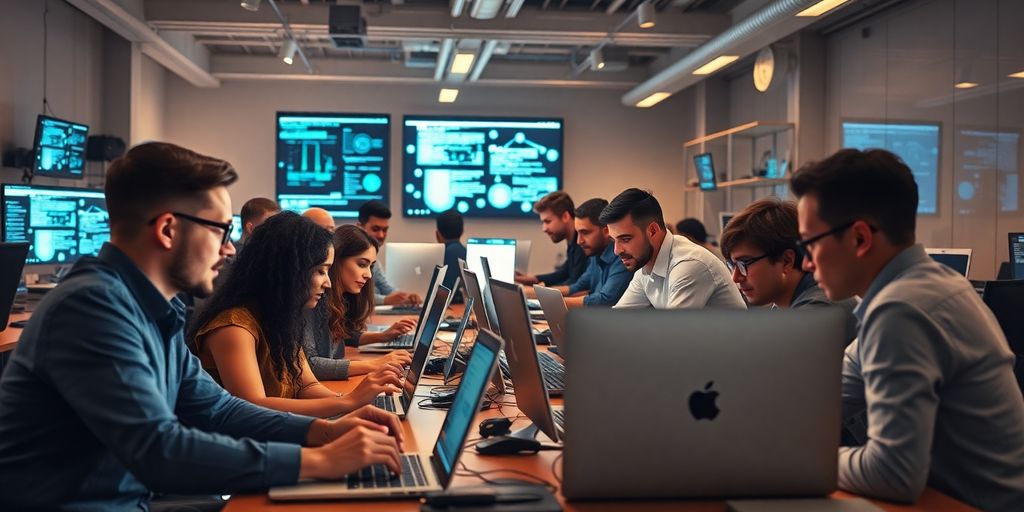 Diverse team collaborating in a modern tech office.
