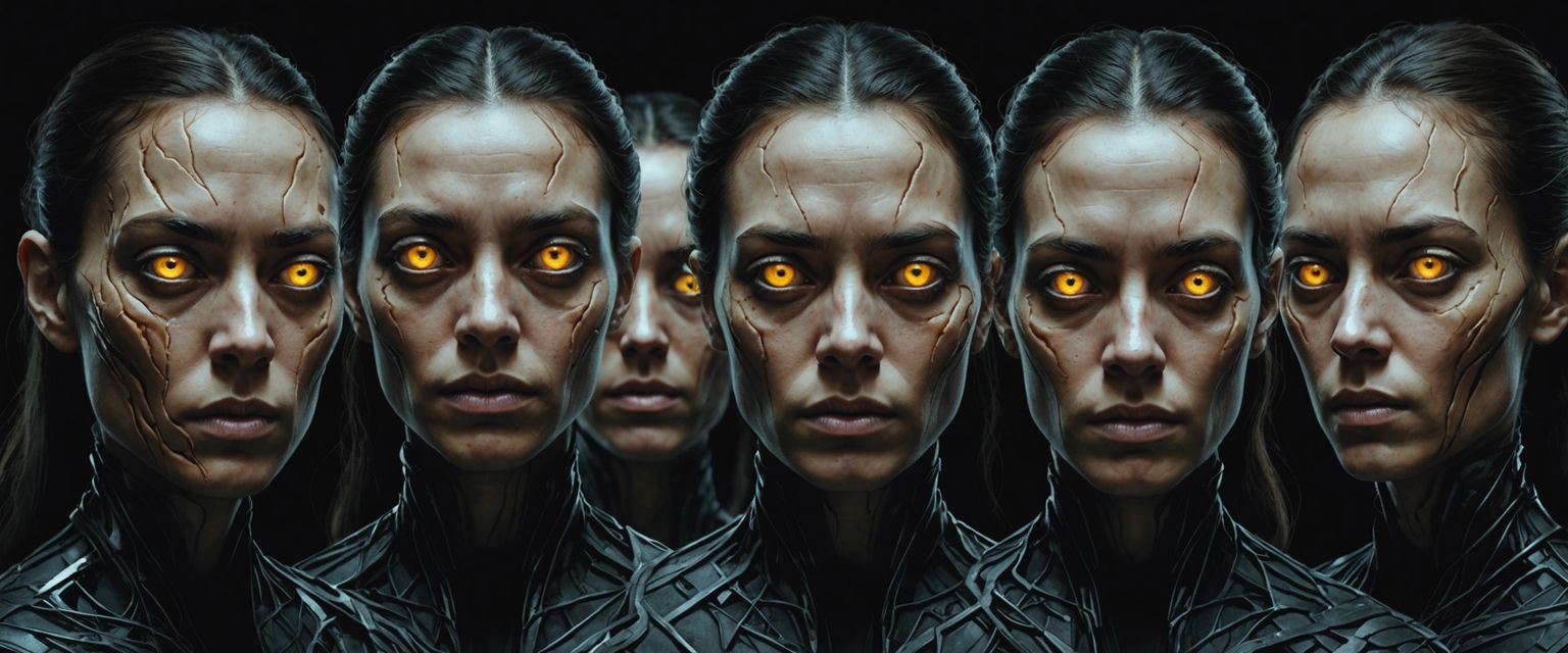Distorted AI faces with glowing eyes, unsettling and mysterious.