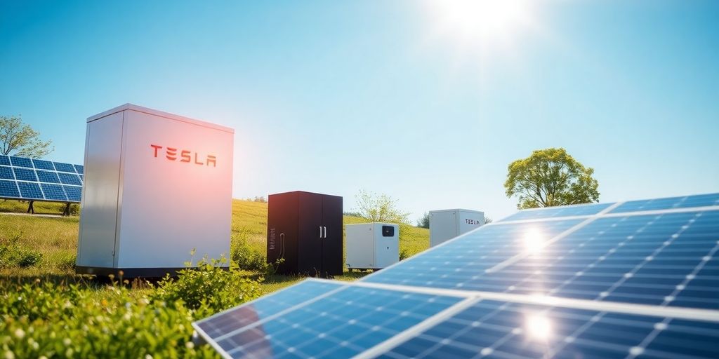 Tesla energy storage systems in a sunny landscape.