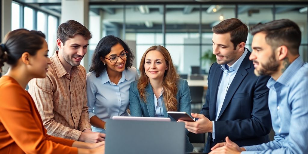 Diverse professionals discussing technology compliance in an office.