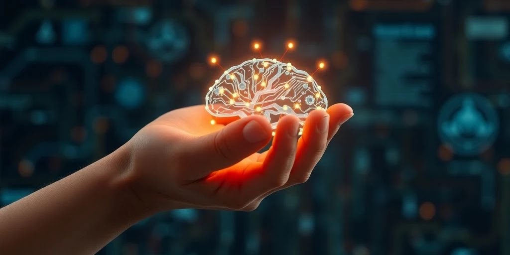Hand holding a circuit brain in a tech setting. Hand holding a circuit brain in a tech setting, AI model.