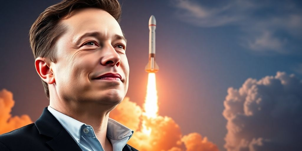 Elon Musk with Spac.eX rocket. Elon Musk with SpaceX rocket launch in background.
