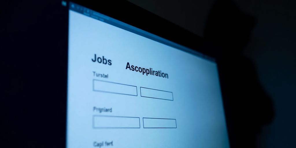 Computer screen showing job application with shadowy figure.