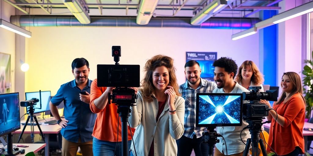 Diverse people using advanced video technology in a workspace.