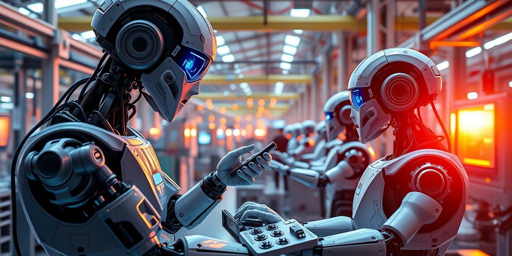 Futuristic AI factory with robots and digital technology.